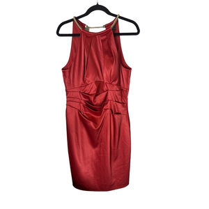 Collection dressbarn Red Halter Dress Gold Chain Pleated Ruched Size 12